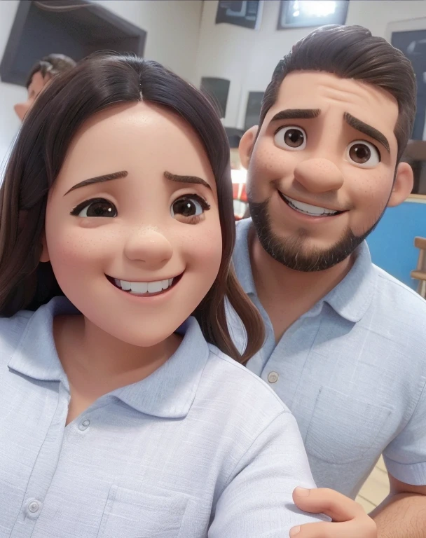en un pareja tomandose una selfie ambos con una sonrisa tierna la chica tiene el cabello suelto y una camisa plomo y el chico la esta abrazando de atras y tiene una polera color plomo