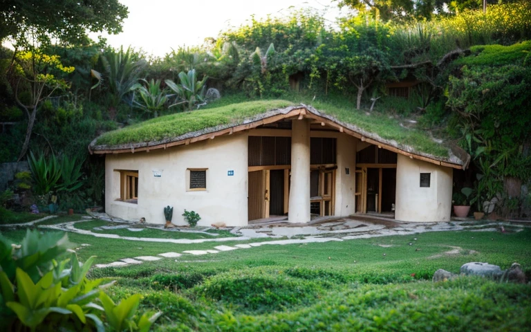 A photograph of a symmetrical contemporary house with (((um telhado verde ondulado))) e (((Biological pool))) em um quintal tropical, paredes de gesso terracota amarelo mostarda (((rustic clay stucco))), ((paredes de canto arredondadas)), ((Rustic clay plaster)), (((paredes de terracota com cantos arredondados, organic curves))), (((rustic earth plaster, lama))), (((telhado verde em forma de onda com borda de madeira))), (((Estrutura do telhado de madeira, ancinho de madeira, placa de madeira))), beiral, varea com pilar de madeira, ((telhado com estrutura de madeira)), em Bali (((jardim tropical))), ((casas naturais, Organic buildings, organic architecture)), ecovila, sustainable architecture, Bioconstruction architecture, arquitetura solarpunk, (((telhado de grama, Telhado Verde, Telhado de Onda Verde, telhado arredondado, telhados vegetados))), ((arquitetura verde)), Casa passiva, (((Rock Foundation))), Clear sky in the background, beleza dolorosa, moderno, imponente, casa verde, ((Estilo Hadid do hobbit de Bali)), super resolution, cinemactic, color grading, Fotografia Editorial, fotografia, photo shoot, (((dramatic front eye top angle view))), O 50mm, profundidade de campo, detalhes intrincados, Cores Naturais, foco nítido, luz quente, Velocidade do obturador 1/1000, F/22, White balance, Ray Trace Reflections, Lumen reflections, screen space reflections, diffraction classification, chromatic aberration, Deslocamento de GB, Partial lighting, Backlighting, natural lightting, Linhas de varredura, Ambient occlusion, antialiasing, Shaders, OpenGL-Shaders, GLSL-Shaders, Post-processing, post - production, sombreamento, Mapeamento de tons, incrivelmente detalhado e complexo, hipermaximalista, elegante, hiper-realista, super detalhado, dynamic pose, fujifilm XT |