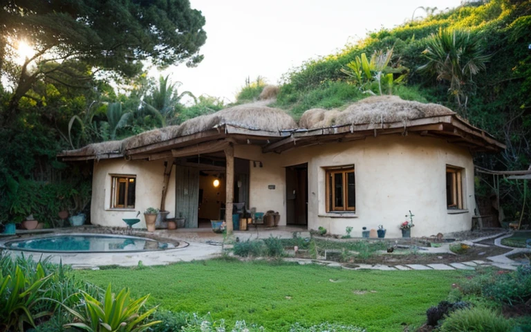 A photograph of a symmetrical contemporary house with (((um telhado verde ondulado))) e (((Biological pool))) em um quintal tropical, paredes de gesso terracota amarelo mostarda (((rustic clay stucco))), ((paredes de canto arredondadas)), ((Rustic clay plaster)), (((paredes de terracota com cantos arredondados, organic curves))), (((rustic earth plaster, lama))), (((telhado verde em forma de onda com borda de madeira))), (((Estrutura do telhado de madeira, ancinho de madeira, placa de madeira))), beiral, varea com pilar de madeira, ((telhado com estrutura de madeira)), em Bali (((jardim tropical))), ((casas naturais, Organic buildings, organic architecture)), ecovila, sustainable architecture, Bioconstruction architecture, arquitetura solarpunk, (((telhado de grama, Telhado Verde, Telhado de Onda Verde, telhado arredondado, telhados vegetados))), ((arquitetura verde)), Casa passiva, (((Rock Foundation))), Clear sky in the background, beleza dolorosa, moderno, imponente, casa verde, ((Estilo Hadid do hobbit de Bali)), super resolution, cinemactic, color grading, Fotografia Editorial, fotografia, photo shoot, (((dramatic front eye top angle view))), O 50mm, profundidade de campo, detalhes intrincados, Cores Naturais, foco nítido, luz quente, Velocidade do obturador 1/1000, F/22, White balance, Ray Trace Reflections, Lumen reflections, screen space reflections, diffraction classification, chromatic aberration, Deslocamento de GB, Partial lighting, Backlighting, natural lightting, Linhas de varredura, Ambient occlusion, antialiasing, Shaders, OpenGL-Shaders, GLSL-Shaders, Post-processing, post - production, sombreamento, Mapeamento de tons, incrivelmente detalhado e complexo, hipermaximalista, elegante, hiper-realista, super detalhado, dynamic pose, fujifilm XT |