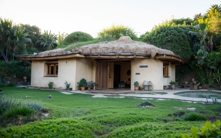 A photograph of a symmetrical contemporary house with (((um telhado verde ondulado))) e (((Biological pool))) em um quintal tropical, paredes de gesso terracota amarelo mostarda (((rustic clay stucco))), ((paredes de canto arredondadas)), ((Rustic clay plaster)), (((paredes de terracota com cantos arredondados, organic curves))), (((rustic earth plaster, lama))), (((telhado verde em forma de onda com borda de madeira))), (((Estrutura do telhado de madeira, ancinho de madeira, placa de madeira))), beiral, varea com pilar de madeira, ((telhado com estrutura de madeira)), em Bali (((jardim tropical))), ((casas naturais, Organic buildings, organic architecture)), ecovila, sustainable architecture, Bioconstruction architecture, arquitetura solarpunk, (((telhado de grama, Telhado Verde, Telhado de Onda Verde, telhado arredondado, telhados vegetados))), ((arquitetura verde)), Casa passiva, (((Rock Foundation))), Clear sky in the background, beleza dolorosa, moderno, imponente, casa verde, ((Estilo Hadid do hobbit de Bali)), super resolution, cinemactic, color grading, Fotografia Editorial, fotografia, photo shoot, (((dramatic front eye top angle view))), O 50mm, profundidade de campo, detalhes intrincados, Cores Naturais, foco nítido, luz quente, Velocidade do obturador 1/1000, F/22, White balance, Ray Trace Reflections, Lumen reflections, screen space reflections, diffraction classification, chromatic aberration, Deslocamento de GB, Partial lighting, Backlighting, natural lightting, Linhas de varredura, Ambient occlusion, antialiasing, Shaders, OpenGL-Shaders, GLSL-Shaders, Post-processing, post - production, sombreamento, Mapeamento de tons, incrivelmente detalhado e complexo, hipermaximalista, elegante, hiper-realista, super detalhado, dynamic pose, fujifilm XT |