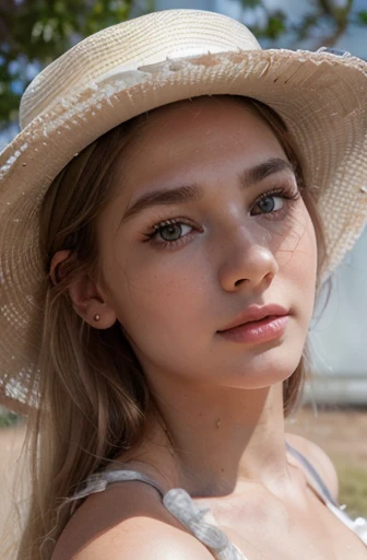 Hazel Zoe Cloud, Top Quality, White Skin, Real Human Skin, (Detailed), Oval Face, Pore, Ultra High Definition, (8k, RAW Photography, Photorealistic: 1.4), One Girl, Slim, (Gentle and Goddess-like Eyes) Happiness: 1.2), (Lip Gloss, Eyelashes, Gloss Face, Best Quality, Ultra High Definition, Wide Lighting, Natural Shading) in a cowboy hat