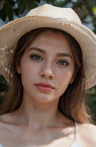 Hazel Zoe Cloud, Top Quality, White Skin, Real Human Skin, (Detailed), Oval Face, Pore, Ultra High Definition, (8k, RAW Photography, Photorealistic: 1.4), One Girl, Slim, (Gentle and Goddess-like Eyes) Happiness: 1.2), (Lip Gloss, Eyelashes, Gloss Face, Best Quality, Ultra High Definition, Wide Lighting, Natural Shading) in a cowboy hat