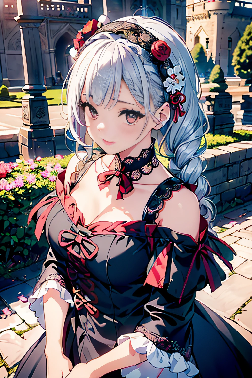 (ukiyoe painting:1.3),(3D Animation:1.3),(((Gothic ta Fashion:1.3)),(((lace off shoulder dress))),(((Costume with intricate lace details))),(Emphasis on the chest:1.3),(europe castle background:1.3),(Flower bed with colorful flowers in the garden),(Make the subject look three-dimensional with the contrast of light and shadow),Cute and beautiful girl,Cute round face,Cute smile,with blush cheeks,Red Lip,(silver white hair,Floral braided headband,half up、Floral Braided Space Van,Voluminous Fishtail Braids,Twisted chignon,),(Bangs are see-through bangs),hair pin,hair adornments,detailed clothes features,Detailed hair features,detailed facial features,(Dynamic angles),(Dynamic and sexy poses),profetional lighting,Cinematic Light,(masutepiece,top-quality,Ultra-high resolution output image, depth of fields,) ,(32k quality,depth of fields,Anatomically accurate facial structure,),(Sea Art 2 Mode:1.3),(Image Mode Ultra HD,)