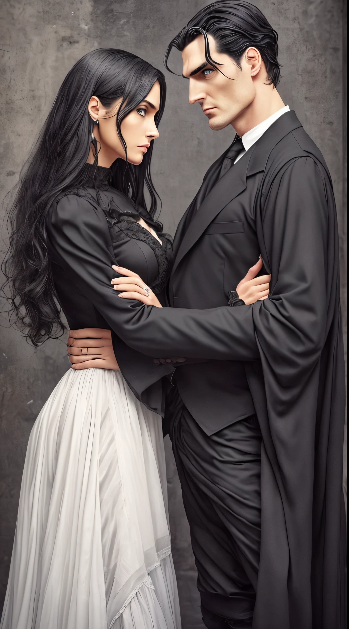 Man and woman couple, Hyperrealism, 8K, Man with black hair, blue eyes, white skin, (Christopher reeve and Peter Steele, brandon lee) Tall, 1.88 meters tall, CG, cinematic photo, ultrarealistic, in Victorian Black clothes, Beautiful Mexican woman, with white skin, black children, long black hair, slanted eyes, 1.58 meters tall.Black Clothes, together in a beautiful landscape. --auto --s2