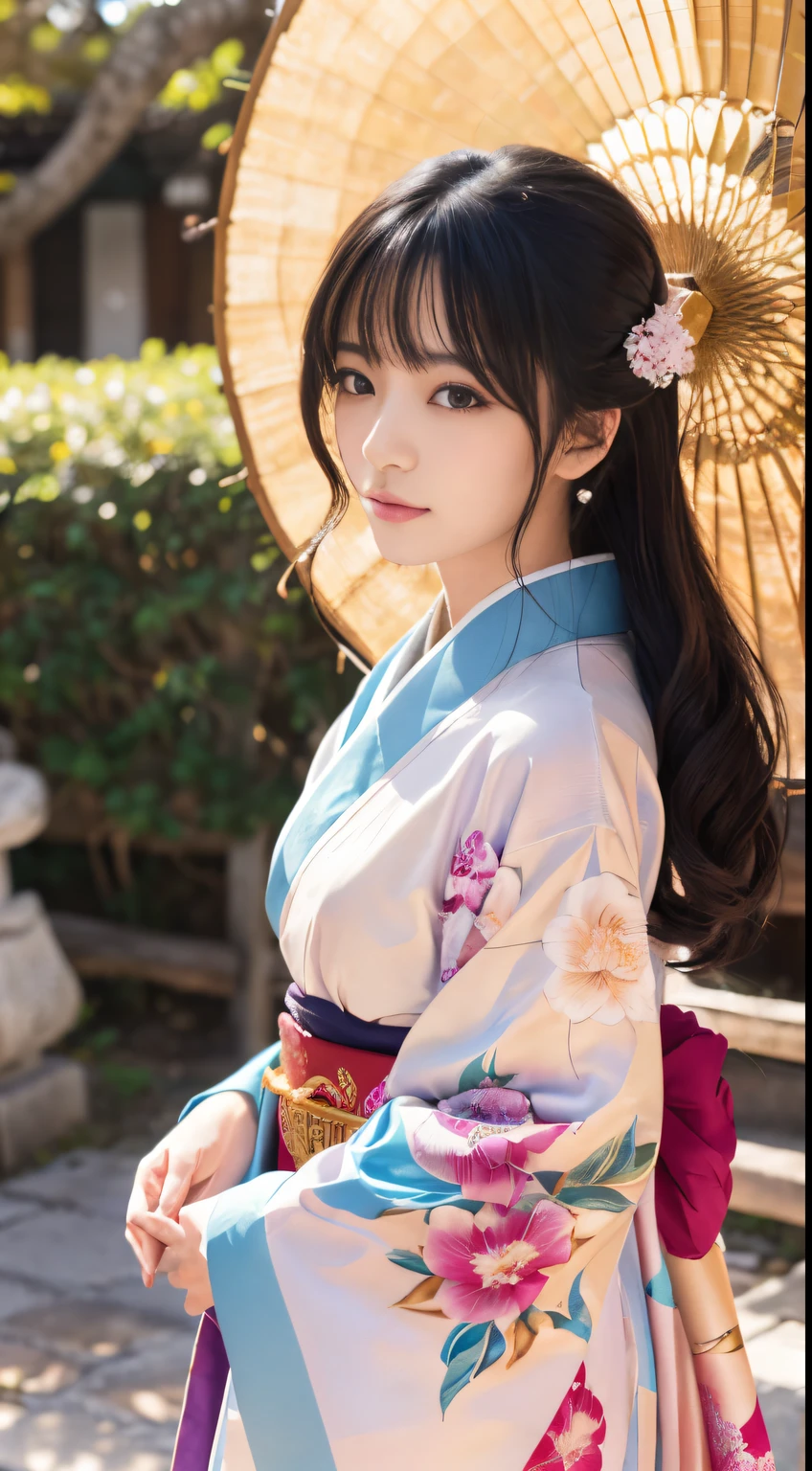 (Kimono)(top-quality,masterpiece:1.3,超A high resolution,),(ultra-detailliert,Beauty face),(Photorealsitic:1.4)Ultra-realistic capture,Highly detailed beautiful facial details,beautiful kimono details,,high-definition16Kfor human skin、 Skin texture is natural、The skin looks healthy with an even tone、 Use natural light and color,One Woman,japanes,,kawaii,A dark-haired,Middle hair,(depth of fields、chromatic abberation,fullbody image,Wide range of lighting、Natural Shading、)、temple background image,Under the sparkling sun,