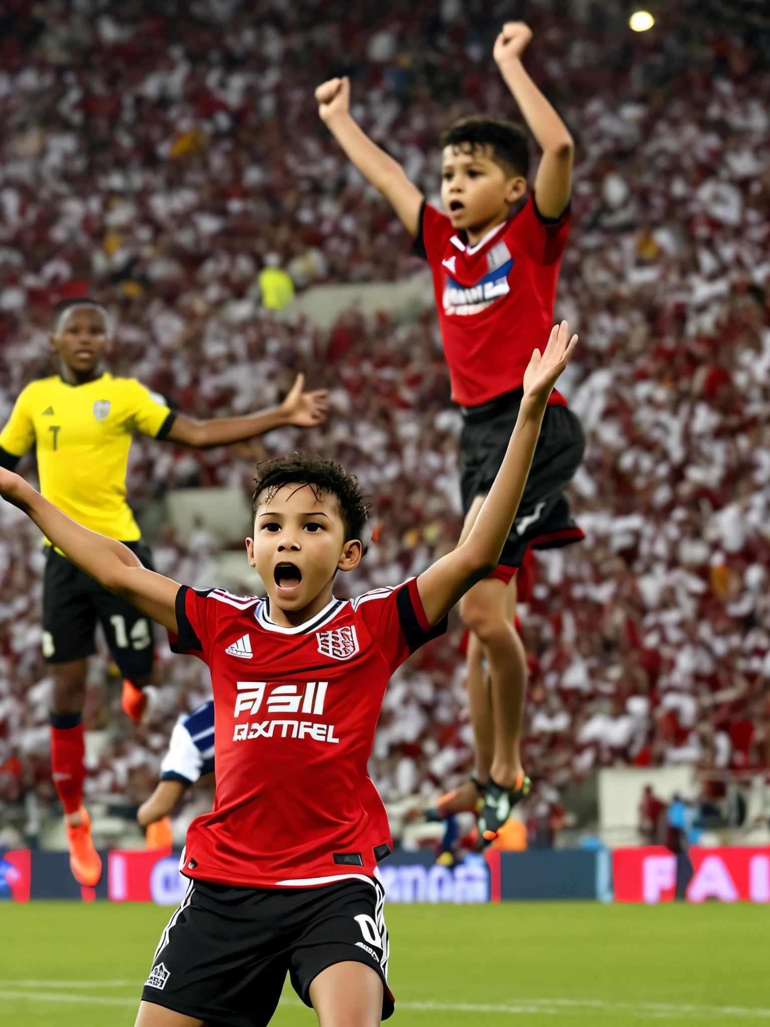 Boy, approximately , wearing a Flamengo shirt celebrating a goal in a packed stadium