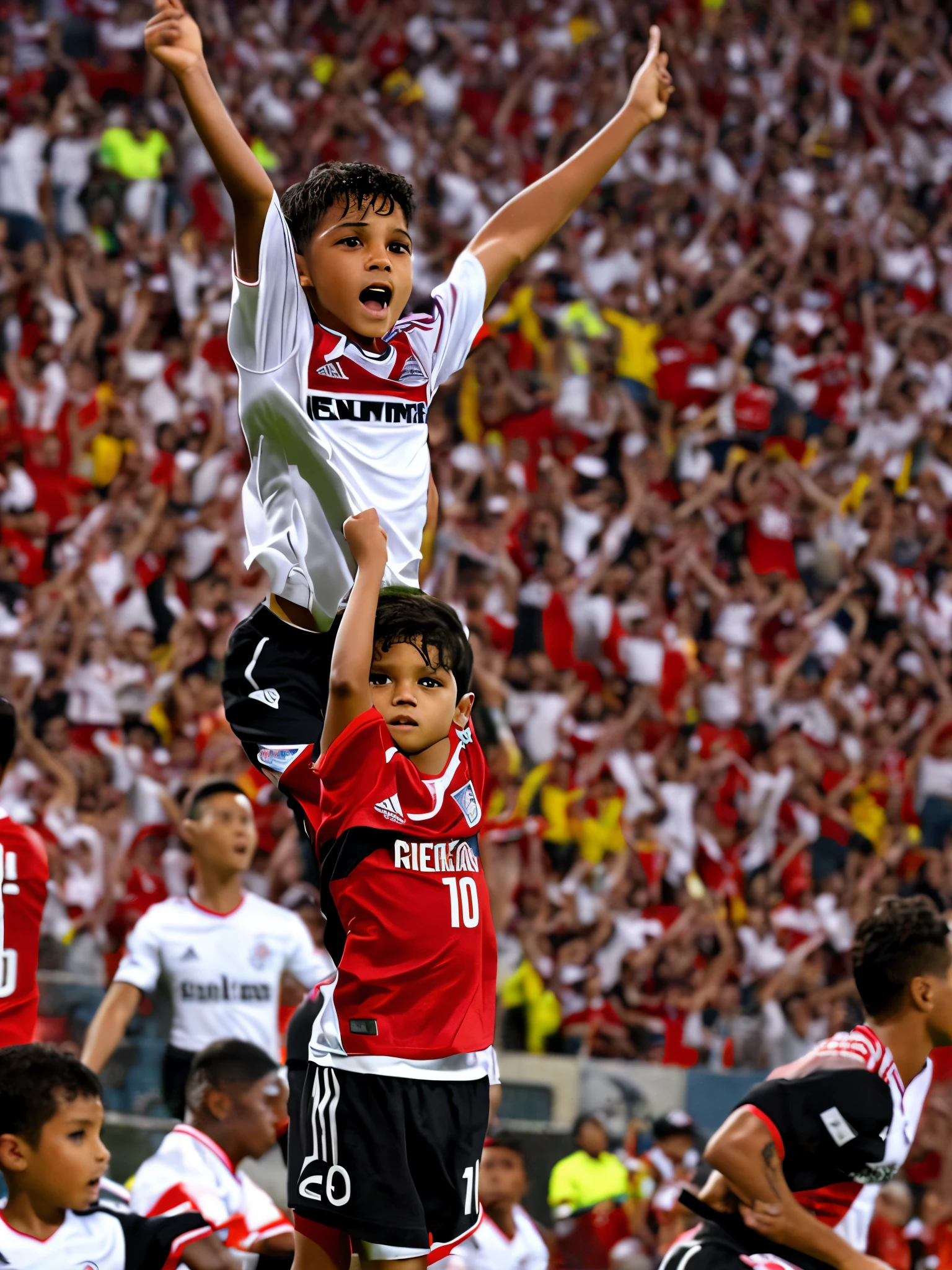 Boy, approximately , wearing a Flamengo shirt celebrating a goal in a packed stadium