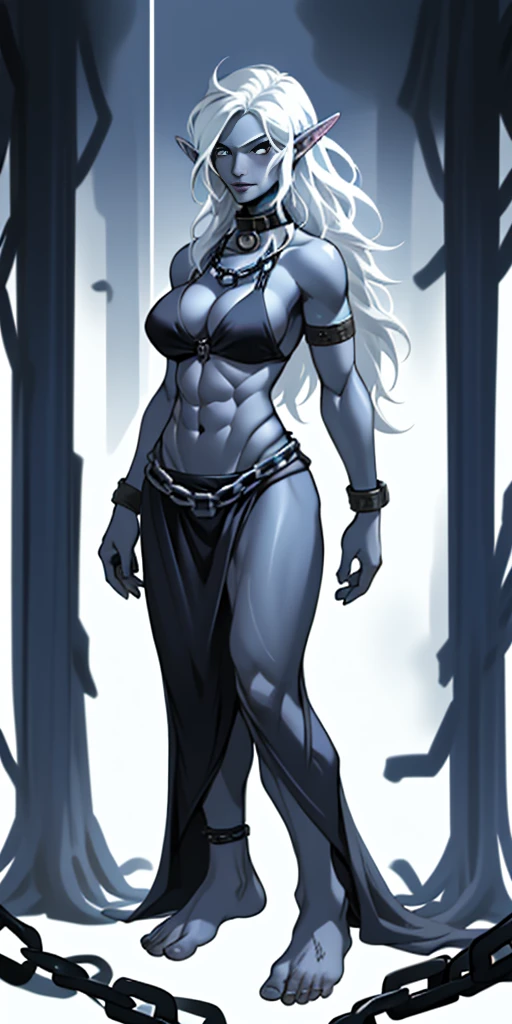 standing straight symmetrical, full body barefeet, drow elf 1girl, mature, BIG OPEN eyes, LONG MESSY hair, BIKINI, abs, big knockers, chain collar, stomach, NAVEL, BAREFEET
