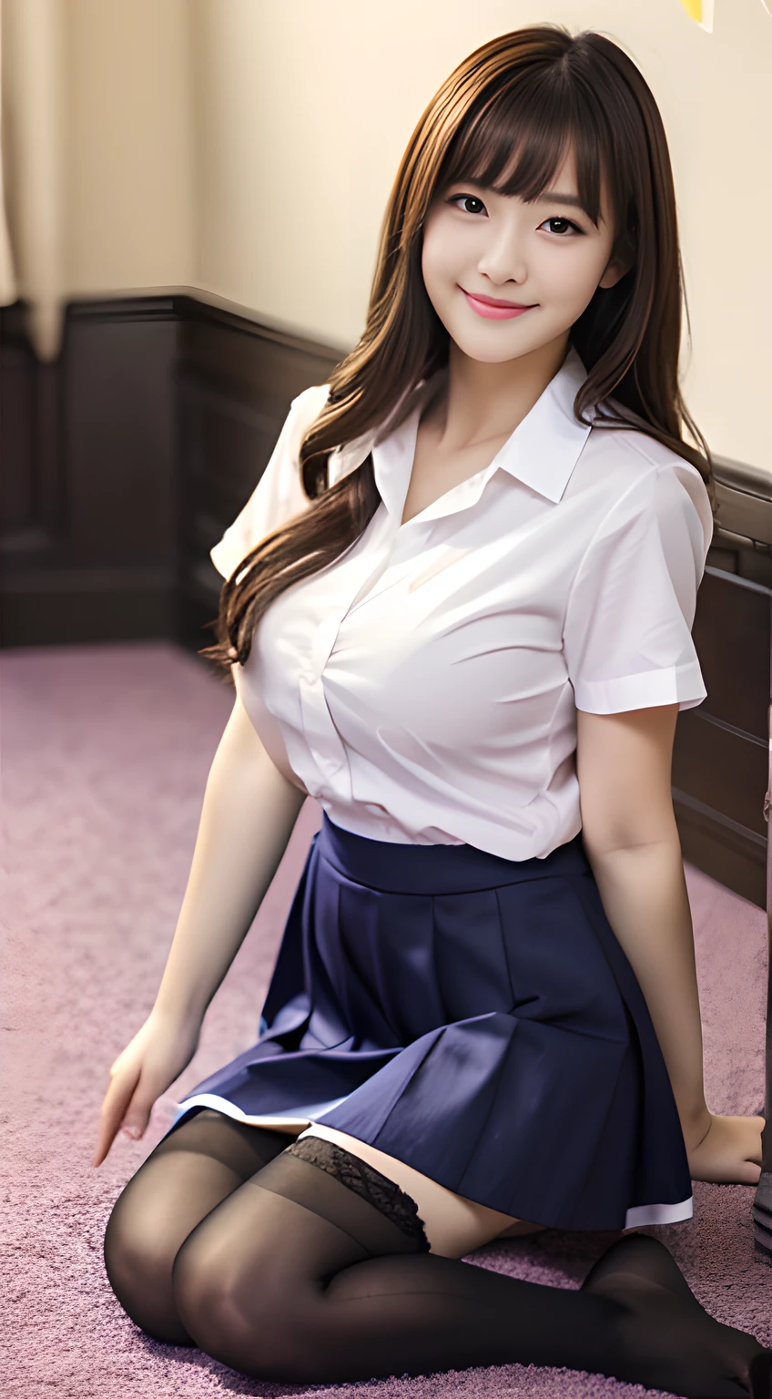 top-quality、Top image quality、masterpiece、fully body photo、Female, 20 years old, governess、Dark brown wavy middle hair、bangss、((White shirt、pleatedskirt、Stockings))、A sexy、soft boob、Large breasts、high-heels、 cute smile face、school classrooms、Sit with your legs open、((Rub your chest with both hands、Touching the crotch))