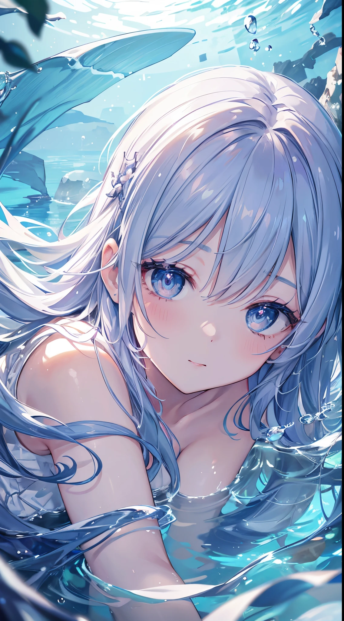 Furina, white hair, blue eyes, heterochromia, embarrassed, massive blush, flat chest, small breasts, , lying on the water, floating on water, expoed body, nsfw, exposws breasts, wet body, (best quality,4k,highres,masterpiece), artistic style,subdued colors, vivid colors, professional lighting, detailed lips, detailed eyes.