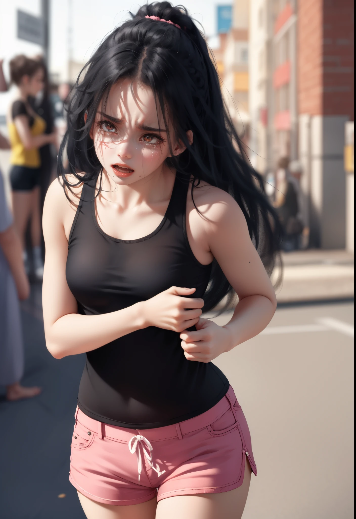 age lightskin black girl with long black hair thin almond brown eyes a white tanktop pink shorts crying