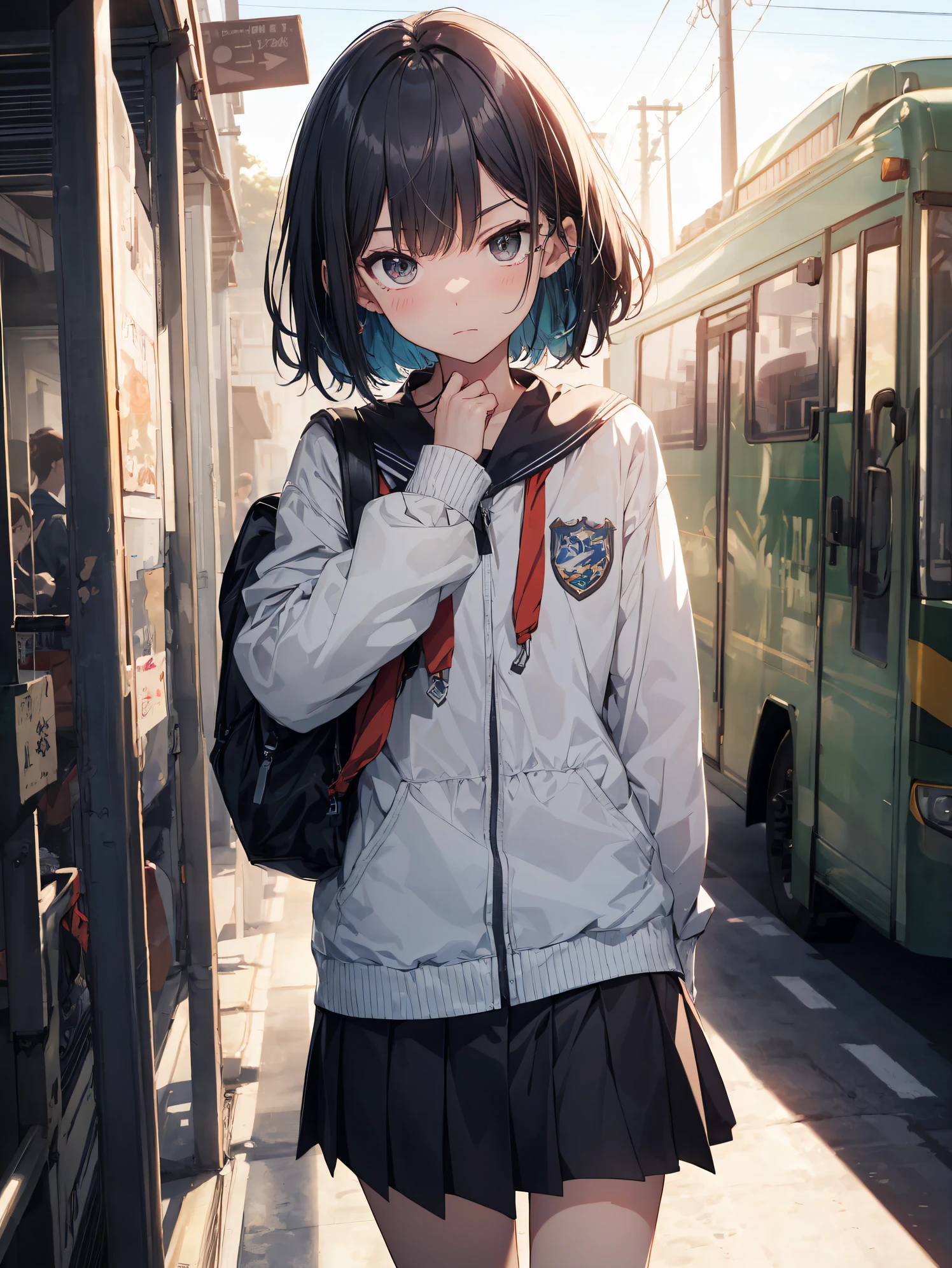 of the highest quality, anime moe art style,Best Anime 8K Konachan Wallpapers,Pixiv Contest Winner,Badass Anime 8K,Perfect Anatomy, (Draw a girl sleepily walking to school. ),BREAK, 1girl in, (Solo,Lori,child,13years:1.3),a junior high school student, Androgynous attraction, (Very short hair),hair messy, Full limbs, complete fingers,flat chest, Small butt, groin, Small eyes,Precise black eyes,disgusted eye, School uniform, Skirt,On the way to school. BREAK,Ultra-detailed,High resolution,super detailed skin, Professional Lighting, 8k eye details, (cool illustration:1.2),