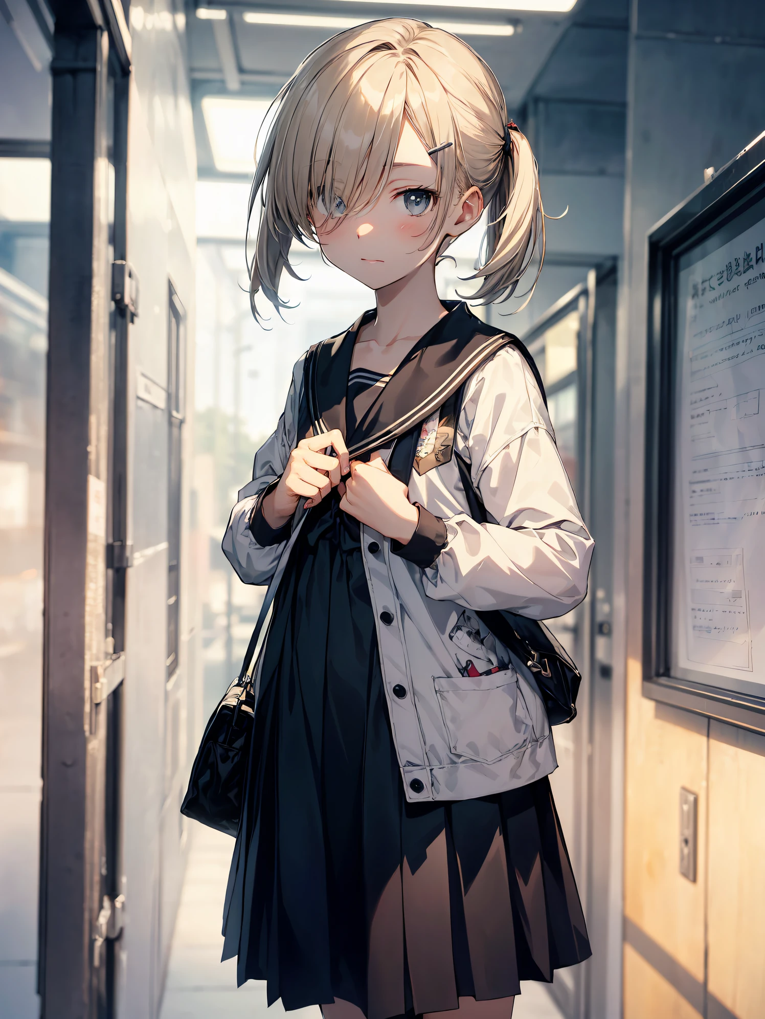 top-quality, anime moe art style,Best Anime 8K Konachan Wallpapers,Pixiv Contest Winner,Perfect Anatomy, (Draw a girl sleepily walking to school. ),BREAK, 1girl in, (Solo,Lori,,15yo ent:1.3),High school students, Short hair, Forehead, (Hair over one eye:1.4),Full limbs, complete fingers,medium breasts, groin, Small eyes,Precise black eyes, hair clips, Sailor Uniform, Skirt,Summer route to school. BREAK,Ultra-detailed,High resolution,super detailed skin, Professional Lighting,8k eye details, (Cute illustration:1.2),
