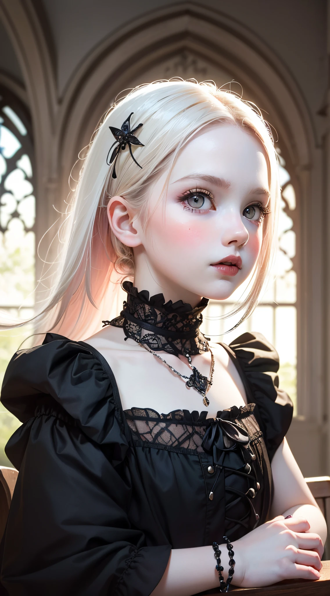 (UHD, retina, masterpiece, ccurate, anatomically correct, textured skin, super detail, high details, high quality, best quality, highres, 1080P, HD, 4K, 8k, 16k), (beautiful detailed eyes, beautiful detailed lips, extremely detailed eyes and face), studio lighting, physically-based rendering, vivid colors, (gothic dress), (portrait, shiny hair, shiny skin), [stained glass window, bokeh], (tilt your head to the side:1.5), eye reflection, (blush:1.5), (gothic art, pale skin:1.5), monochrome, (toddler girl:1.5),