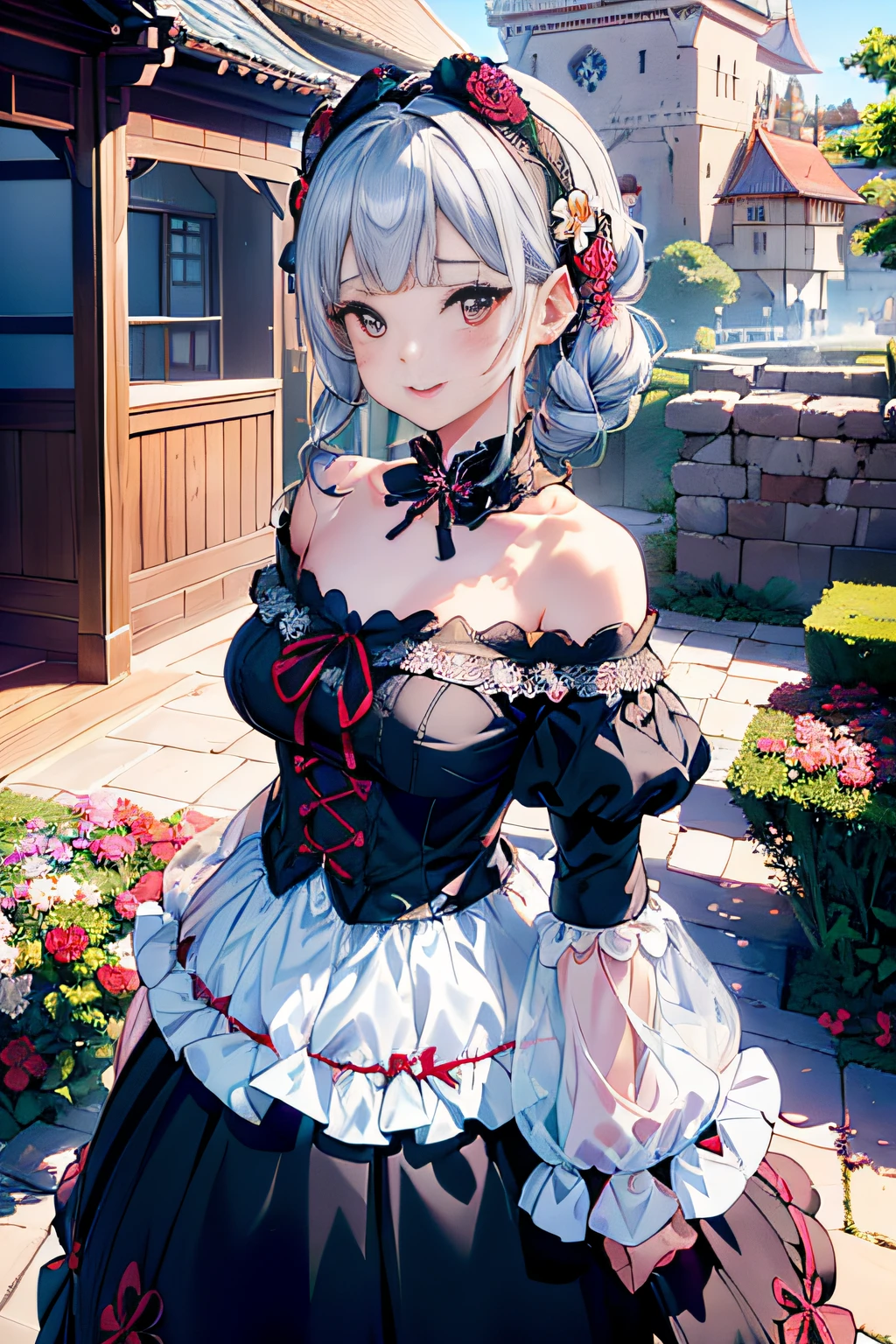 (ukiyoe painting:1.3),(3D Animation:1.3),(((Gothic Lolita Fashion:1.3)),(((lace off shoulder dress))),(((Costume with intricate lace details))),(Emphasis on the chest:1.3),(europe castle background:1.3),(Flower bed with colorful flowers in the garden),(Make the subject look three-dimensional with the contrast of light and shadow),Cute and beautiful girl,Cute round face,Cute smile,with blush cheeks,Red Lip,(silver white hair,Floral braided headband,half up、Floral Braided Space Van,Voluminous Fishtail Braids,Twisted chignon,),(Bangs are see-through bangs),hair pin,hair adornments,detailed clothes features,Detailed hair features,detailed facial features,(Dynamic angles),(Dynamic and sexy poses),profetional lighting,Cinematic Light,(masutepiece,top-quality,Ultra-high resolution output image, depth of fields,) ,(32k quality,depth of fields,Anatomically accurate facial structure,),(Sea Art 2 Mode:1.3),(Image Mode Ultra HD,)