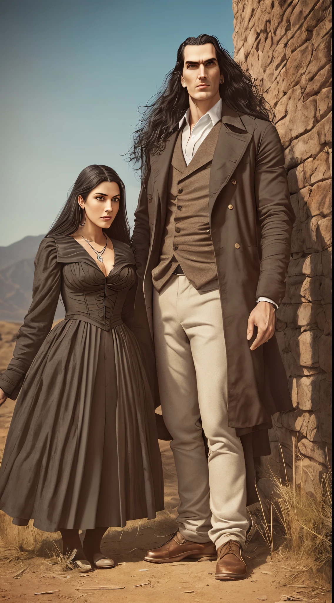 Man and woman couple, Hyperrealism, 8K, Man with black hair, blue eyes, white skin, (Christopher reeve and Peter Steele, brandon lee) Tall, 1.88 meters tall, CG, cinematic photo, ultrarealistic, in Victorian clothes, Beautiful Mexican woman, with white skin, black children, long black hair, slanted eyes, 1.58 meters tall. together in a beautiful landscape. --auto --s2
