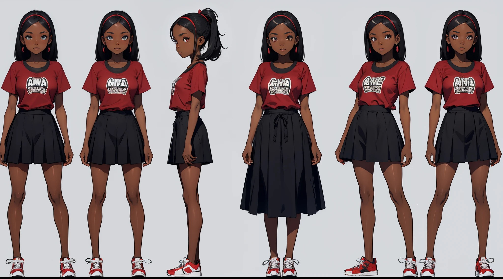 create a  african girl, dark skin, wearing red t-shirt and black skirt, multiple face expressions, character design, concept design sheet, white background, sketch, colorful, artgerm