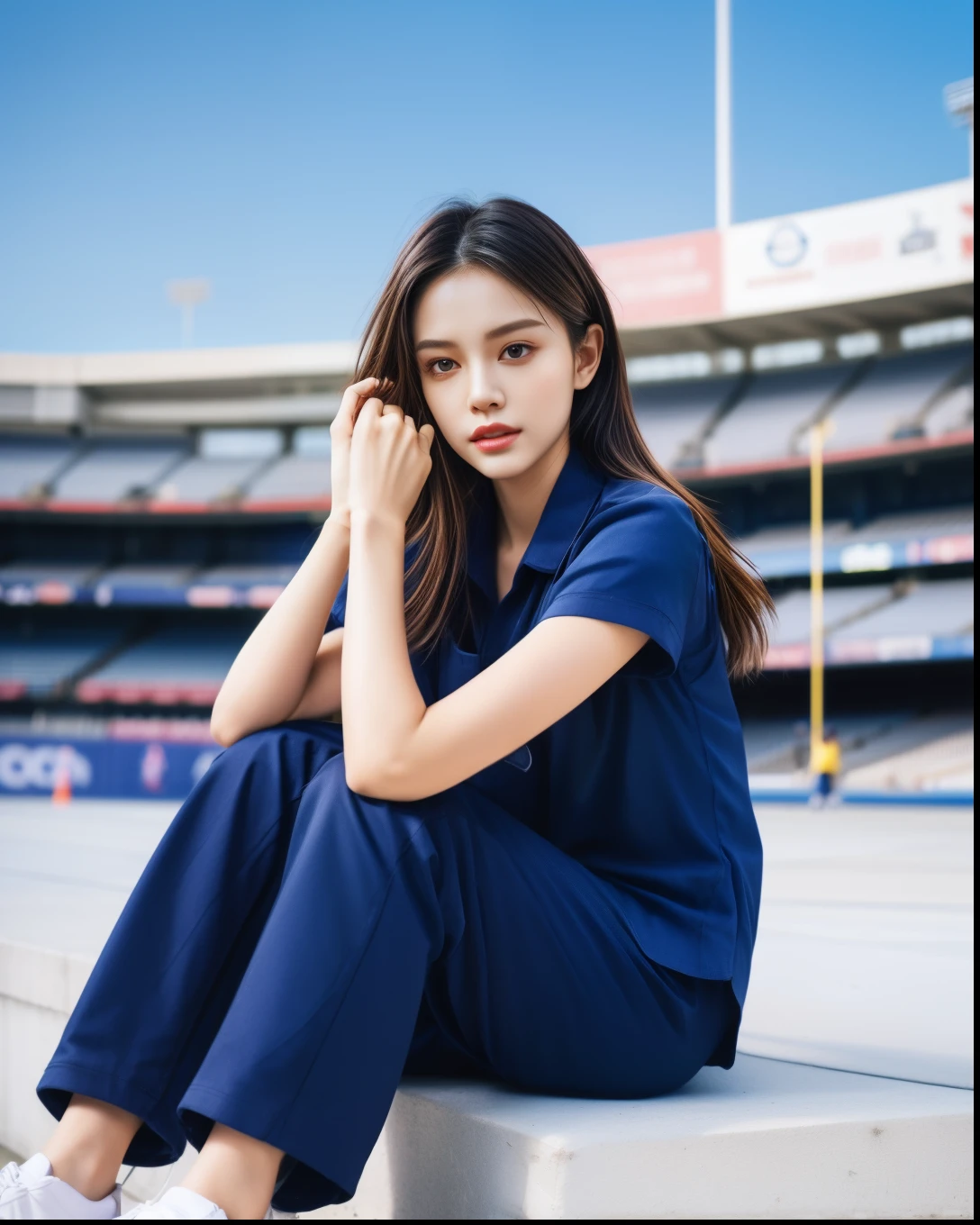 (bestquality,10,10,highres,masterpiece:1.2),ultra-detail,(Realistic,photorealistic portrait,photo-realistic:1.37),1 cute girl sitting on the football field,oily shiny skin,bara,light smile,BDclothes,((blue shirt:1.3)),short sleeves,shirt, trousers.,(navy_long_Pants Track:1.1), ((Stadium Background:1.3)),dynamic angle,excited,face focus,Dynamic Poses,from behide,Ass Focus,masterpiece, bestquality, ultra realistic, hyper-detail, 8k resolution, RAW photo, crisp focus, ((Navy blue shirt:1.1)), short sleeves, Long Path, Perfect body, 2 mature women, 18yo, cinematic light,Blue sweatpants,Gymware,Correct anatomy,Complete body, Correct body, sharp face, Anatomically correct body, full entire body, Realistic gestures, long-haired, Realistic poses,Wear long shorts.......................,Long leg span,Shapely,Sculpting Girl, Slender Figure, mannequin mannequins, Shapely, Beautiful body,Blue sweatpants
