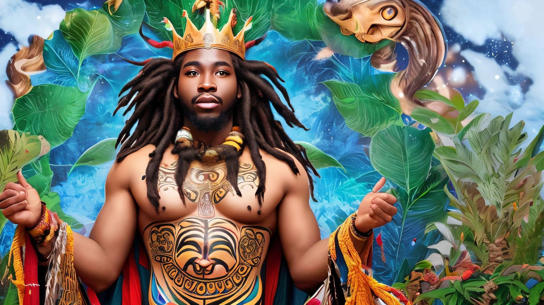 A majestic African god of nature, adorned with intricate body paint, his presence harmonizing with the vibrant tapestry of plant and animal life, crowned by flowing dreadlocks that echo the vitality of the natural world.