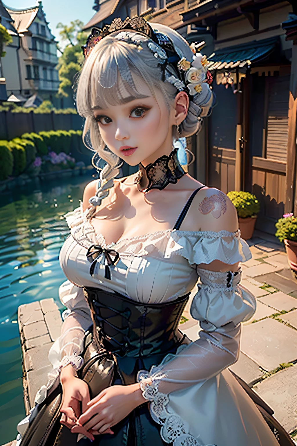 1 miniature Beautiful beautiful woman - Yuan Sayuki, ((top quality, 8K, Masterpiece:1.retty woman, 1 woman, huge breasts:1.3, a slim body:1.1, lush white Long hair, (shower, wet body, wet clothes:1.1), very detailed face, detailed lips, detailed eyes, double eyelids, Detailed blue eyes, чрезвычайно Detailed Outstanding Blue Eyes, short white wet hair, white wet hair, Detailed Outstanding Blue Eyes, innocent look at the viewer, very wet wavy white hair, Detailed Outstanding Blue Eyes, huge cross earrings, Outdoors, badges behind, gothic wedding uniform, sexy gothic style wedding dress with veil, bare chest, huge chest tattoo wearing a wreath, detailed huge earrings, chest tattoo, Outside - there are trees and a buddhist temple in the background, wear a silver cross (Detailed cross shape), reality mode, wet breasts, black necklace, black wedding dress and black veil, human crowd behind, head/forehead chain veil, black latex gloves, naked breasts, naked breasts, naked nipples, hair of white snowy colour, night time, red neon lights, demonic nun, nimbus (golden lighting ring above her head)