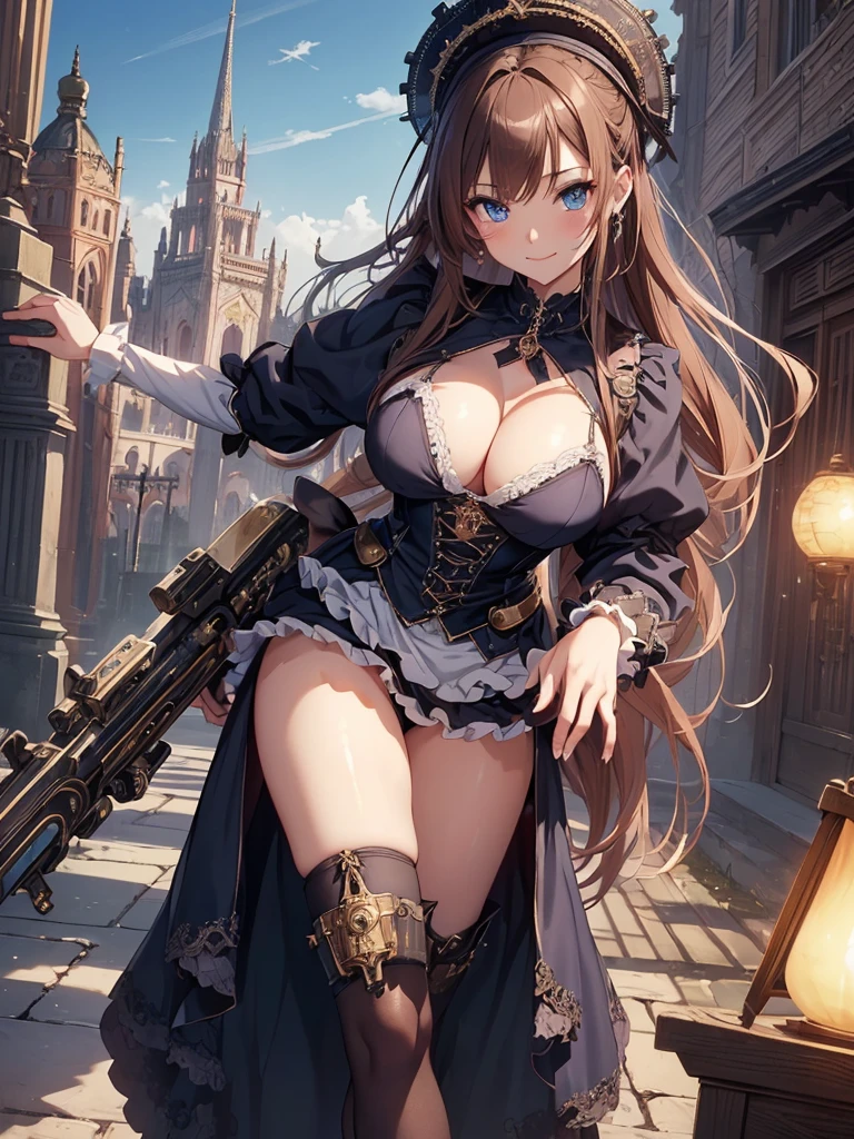 top-quality、Top image quality、masterpiece、Gothic Girl((24 year old、Best Bust、big bast、Bust 90,Beautiful blue eyes、,Brown hair long hair、A slender、a closeup、steampunk cannon、With weapons、fight、Esbian、Gothic Maid costume、beautiful apron、hiquality、Beautiful Art、Background with((starrysky)))masutepiece、visualart、depth of fields、low angle of morning sky、、A city that moves with gears、🎵、Happy smile、Gentle light、、Beautiful skins、beutiful breast、beautiful foot、welcome、、accurate fingers、Exact finger count、ticker grand town、steampunc、Lots of gears、Gothic palace、Magnificent palace、Artistically、gothic magic