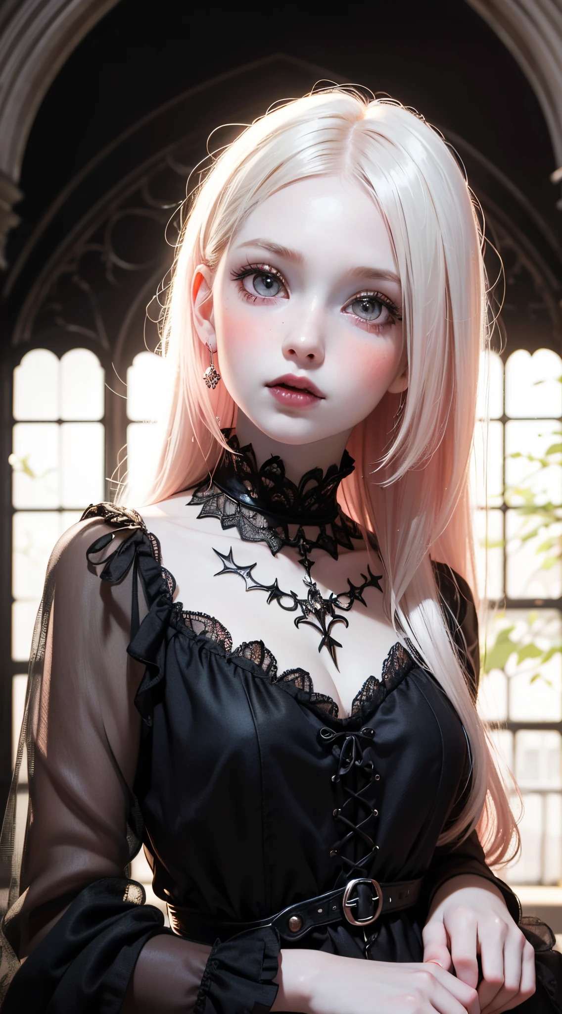 (UHD, retina, masterpiece, ccurate, anatomically correct, textured skin, super detail, high details, high quality, best quality, highres, 1080P, HD, 4K, 8k, 16k), (beautiful detailed eyes, beautiful detailed lips, extremely detailed eyes and face), studio lighting, physically-based rendering, vivid colors, (gothic dress), (portrait, shiny hair, shiny skin), [stained glass window, bokeh], (tilt your head to the side:1.5), eye reflection, (blush:1.5), (gothic art, pale skin:1.5), monochrome, (toddler girl:1.5),