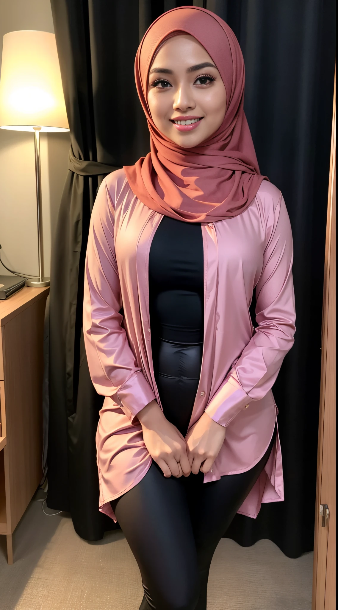 RAW, Best quality, high resolution, work: 1.3, beautiful Malay woman in hijab, beautiful big eyes, smiling, beautiful face, glosy lips, wearing big long-sleeved shirt and loose leggings, thick thighs, in the dressing room, seductive sexy pose, Amazing lighting, Bright colors, Clean lines