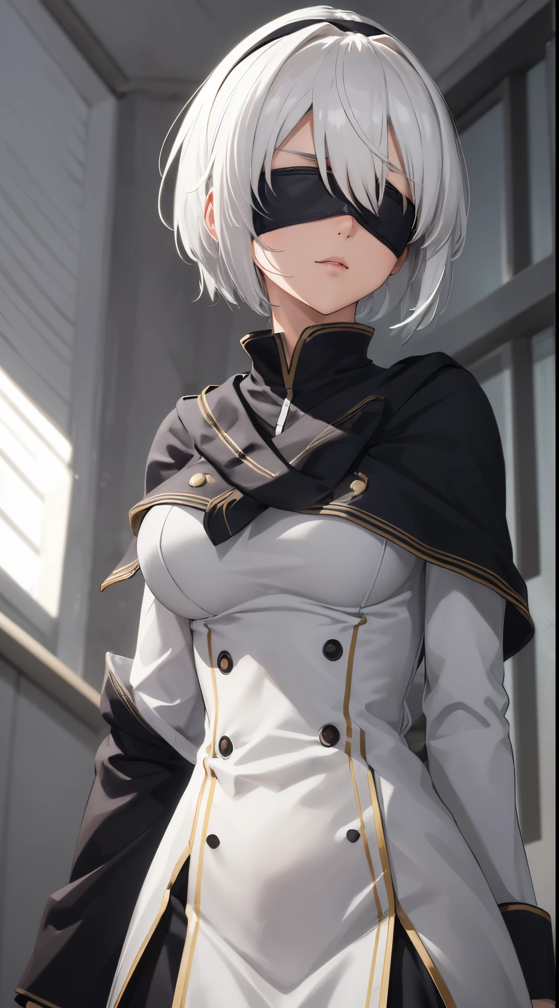 (extremely detailed CG unity 8k wallpaper), (masterpiece), (best quality), (ultra-detailed), (best illustration), (best shadow), (absurdres), 2b, 1girl, short hair, long ponytail, normal size boobs, white hair, blindfold solo, Intimidating women, admiral uniform, night, hero pose, white clothes, General Uniform, Military Uniform, Sunlight, exposed to sunlight,commander, cape, fighting, ((beautiful fantasy girl)), (Master Part: 1.2), Best Quality, High Resolution, photorealestic, photogenic, Unity 8k壁纸, perfect lighting, (perfect arms, perfect anatomy) beatiful face, intricate details, Detalhes realistas, the anime, The Perfect Girl, perfect details, Ultra HD |, 8K, Professional photo