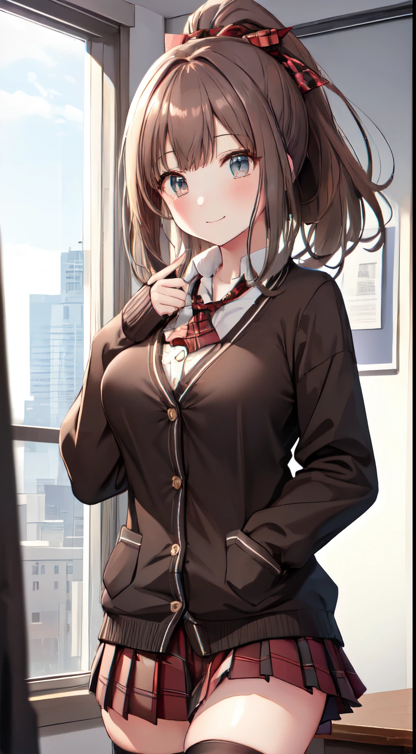 nsfw、clear eyes、8k、Top image quality、Masterpiece、perfect anatomia、12year old、(Black Thigh Socks:1.3)、(high ponytail:1.3)、(School Uniforms:1.2), (brown cardigan is fit body:1.4), ((do up a buttons, not loose):1.5), ((long sleeve, sleeves past wrists):1.2), (inner wear is white collared-shirt:1.3), (red plaid-pattern bow:1.3), (red plaid-pattern pleated skirt:1.3), (loafers):1.2),cowboy  shot、huge tit、Lift skirt,Large open chest、Exposing white panties、、a smile、Focus on the thighs、