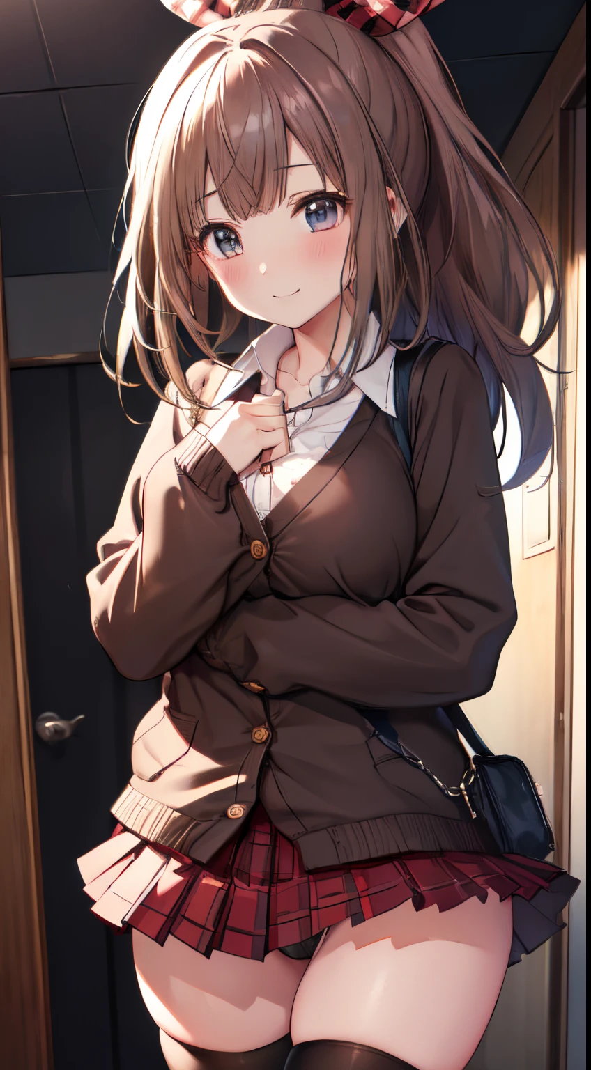 nsfw、clear eyes、8k、Top image quality、Masterpiece、perfect anatomia、12year old、(Black Thigh Socks:1.3)、(high ponytail:1.3)、(School Uniforms:1.2), (brown cardigan is fit body:1.4), ((do up a buttons, not loose):1.5), ((long sleeve, sleeves past wrists):1.2), (inner wear is white collared-shirt:1.3), (red plaid-pattern bow:1.3), (red plaid-pattern pleated skirt:1.3), (loafers):1.2),cowboy  shot、huge tit、Lift skirt,Large open chest、Exposing white panties、、a smile、Focus on panties、