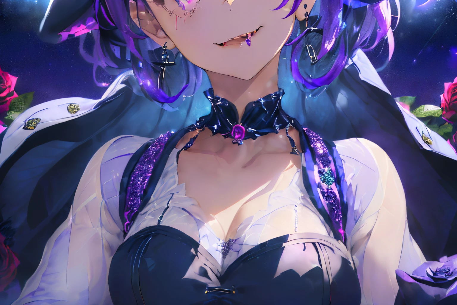 ((navy blue and purple mixed hair)),((Short curly hair)),((soft smiling)),((Mocking smile)),(double sleeve long sleeve clothes),(striped long sleeve tops),((white long vest),((Shining corset with sequins)),((Put your finger to your mouth)),((Frontal perspective)),Slight red tide,((looking at me、she dressed boldly.)),((Covered with black and purple and blue roses))(Vampires),((long fangs)),(Yodare),(A face writhing as if immersed in pleasure),(((close up of face))),((Collars and necklaces decorated with roses)),(A moonlit night with a big purple full moon),((Late night outdoor)),((purple or blue bloodstains)),((Cheerful face)),