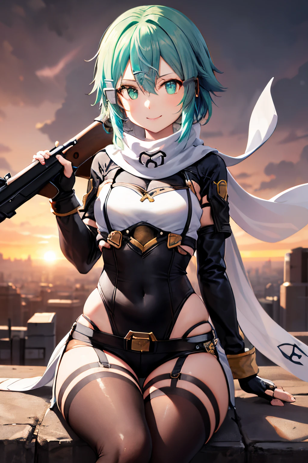 masterpiece, top-quality, hight resolution, 1girl in, sinon1, scarf, Fingerless gloves, hair adornments, hair clips, Thigh strap, Cowboy Shooting, Have a gun, Sniper rifle,, sitting on, Curvaceous, Small waist, bbw,, surrounded by people、a smile