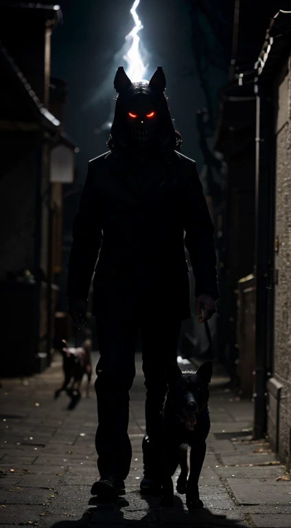 Imagine an image that shows a scary demon figure side by side with a dog that has a magical aura.
