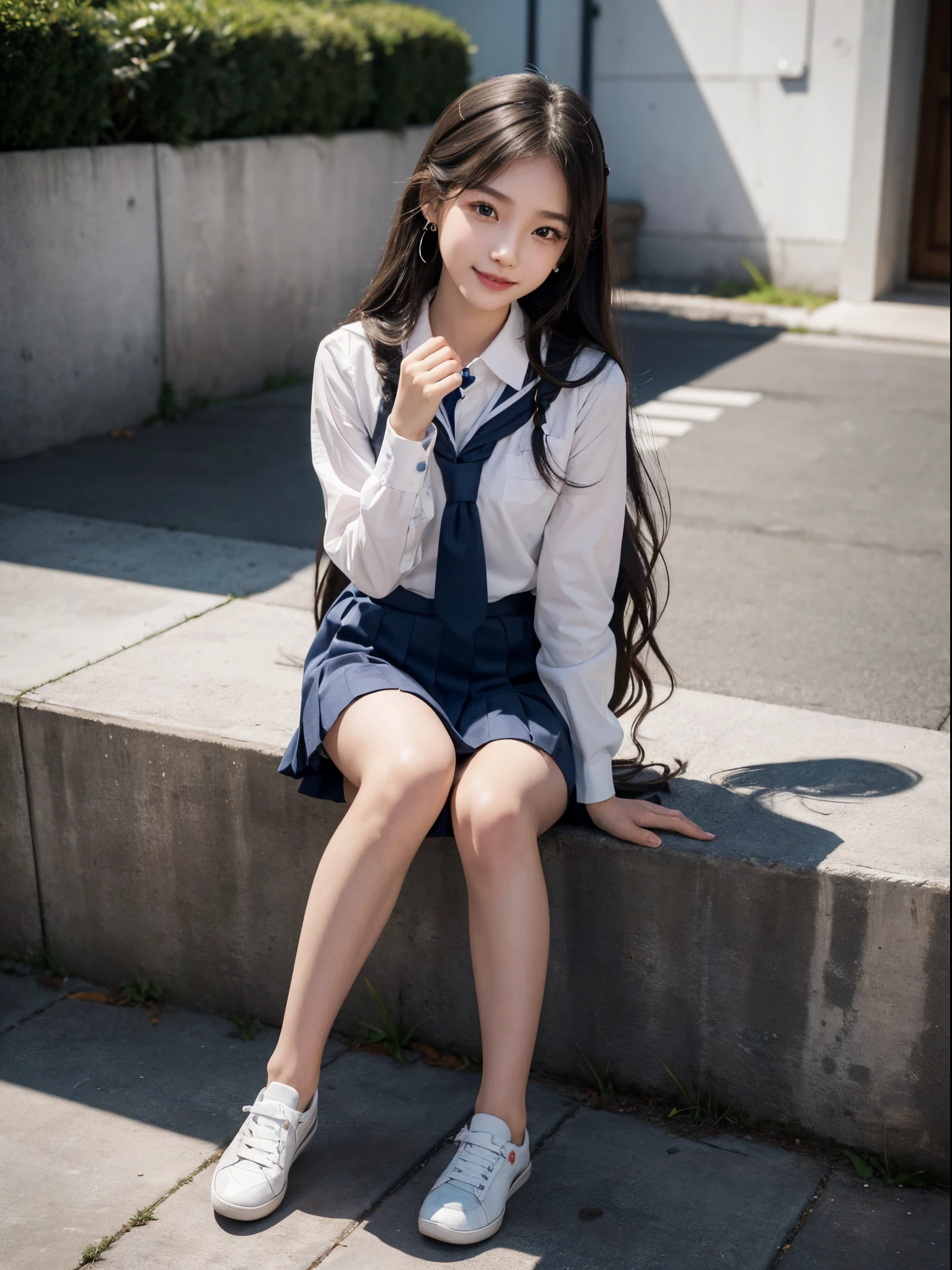 absurderes, Raw photo, Extremely delicate and beautiful,cute little、 A smile、１２age、hi-school girl、masutepiece, Best Quality, Ultra High Resolution, 16 K, hyper realisitic, Ultra-detailed, (Perfect Anatomy), super detailed skin, Perfect figure, Very detailed CG 8k wallpaper, in her 20s, Very slim body, Narrow waist, small head, a small face, Delicate facial features, tear moles, Earring, thin legs, (very massive round chest), ((3 girls)), Full body shot, Twin-tailed, Wavy Hair, (((School uniform))),