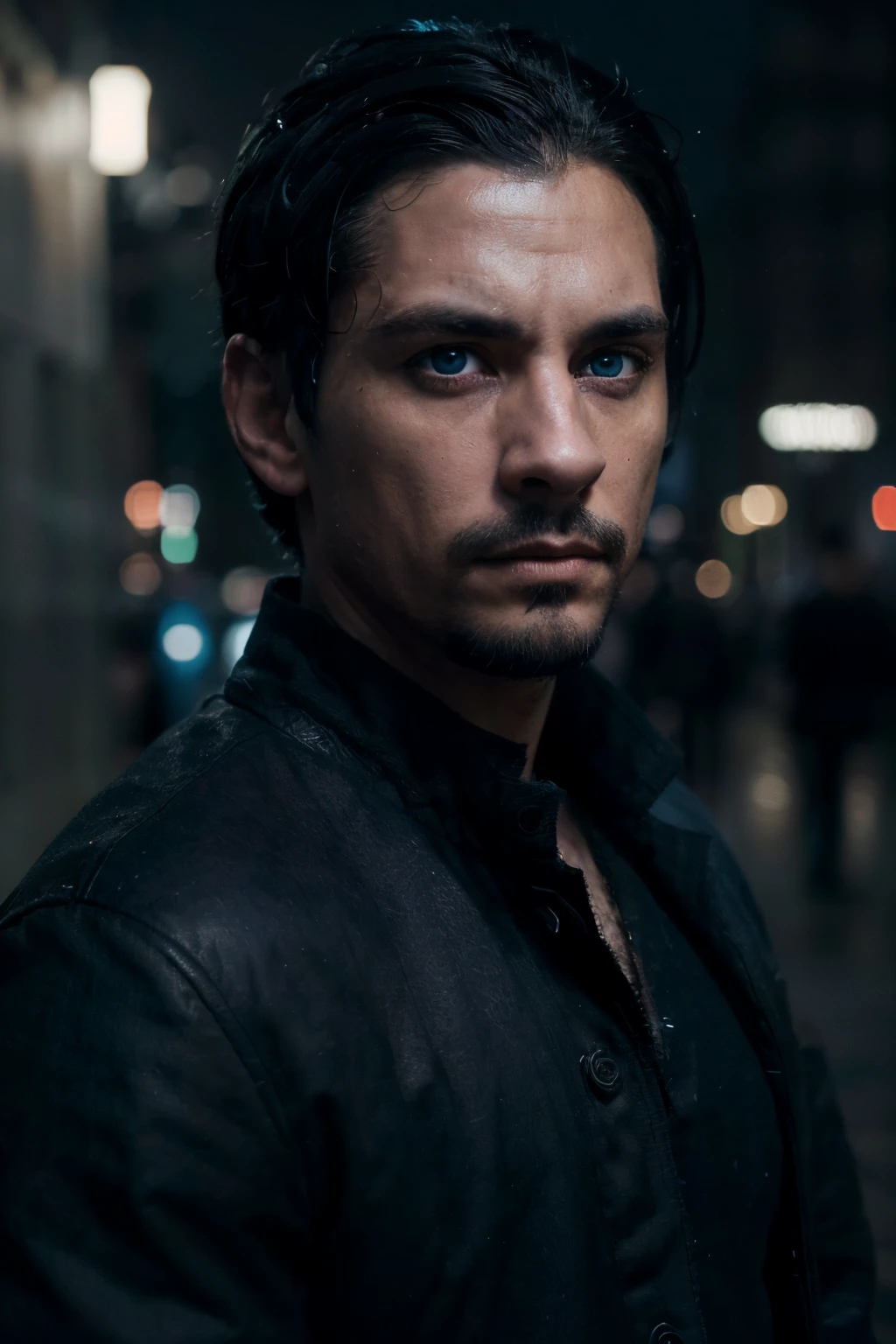 (extremely detailed 8k wallpaper), Dark Theme, (35 years old man), (((Latin man))), uses ((black jacket), fine focus, (pale skin), (subsurface dispersion:1.1), (((short black hair))), (((blue eyes))), (goatee), expression ((serious)), award-winning photography, dramatic lighting, centered face, streets at night.