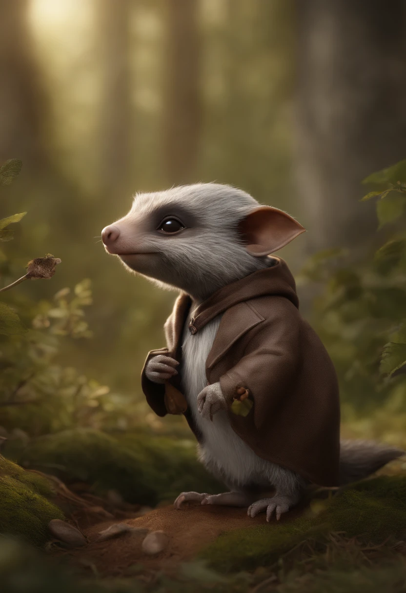 (CBZBB:1.25),gremlin, gremlin that looks like a mole, ((gremlin, taupe)), in a clearing under an oak tree, holding an acorn in his paws, CBZBB,Cute, Small, , Beautiful, Fantasy art, deviant art, trending artstation, Digital Art, Detailed, Realistic, humanoid, character, tiny, Cinematic shot, cinematic portrait of a mole, cute character, looks like a mole,gremlin, mole-like, bright silver and brown, long tail, large ears, covered with silver fur,