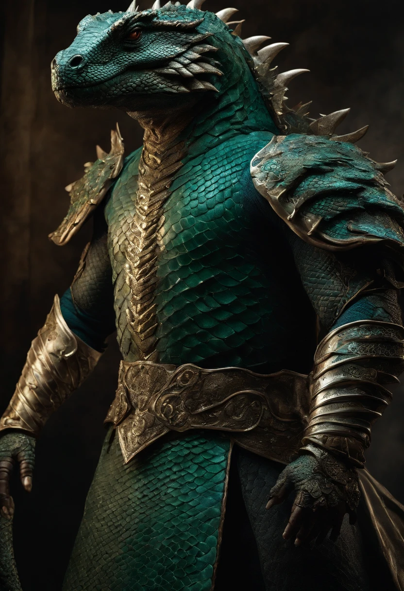 ci-fi anthropomorphic Komodo Dragon King. Show the whole body. The skin color is blue-green. has horns on its head. Armor with intricate details. Rich texture of scales. Professional studio shooting. Surreal, Complicated details