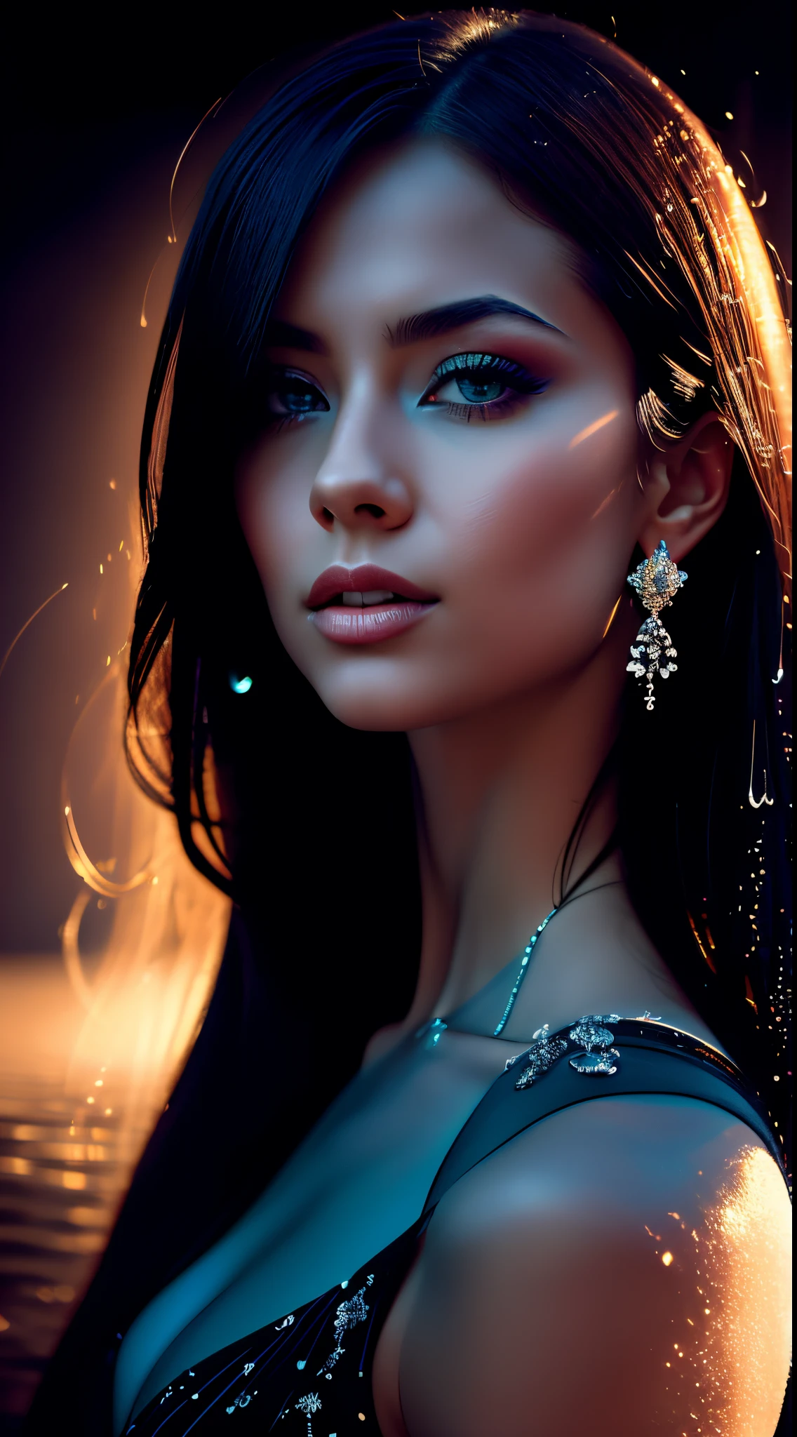 Generate a stunning woman in a professionally crafted photographic composition, employing creative lighting effects, shadows, blurs, and water droplets. Emphasize cool tones to evoke a sense of elegance. Capture her beauty with meticulous attention to details, utilizing a play of light and shadow. Enhance the scene with a touch of artistic flair, making it a visually captivating portrayal.