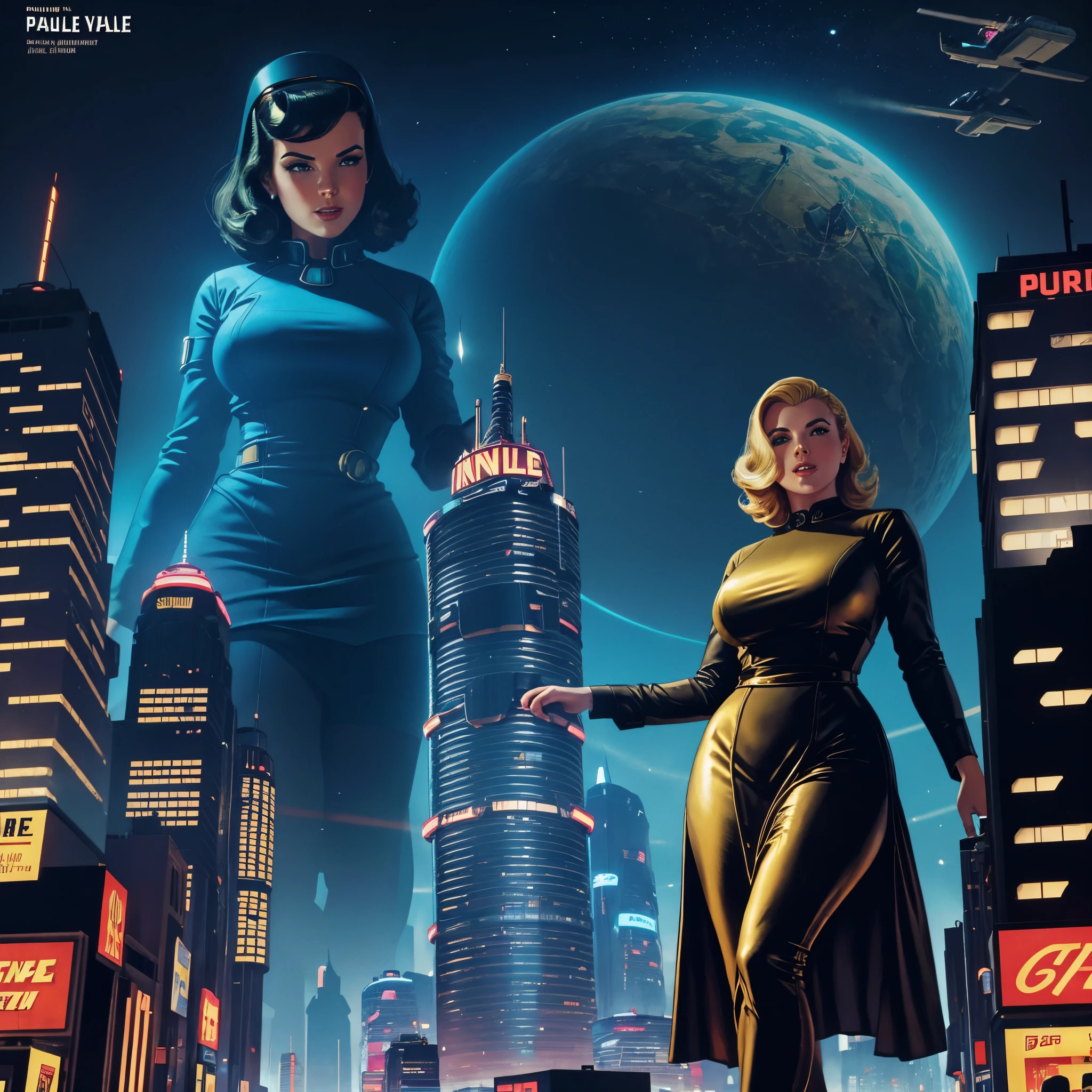 a magazine cover with a giant woman towering a tiny skyscrapers city, a portrait by Paul Kane, tumblr, retrofuturism, pulp sci fi, pulp sci-fi, 50's pulp scifi illustration, scifi pulp, pulp scifi book cover art, pulp scifi, old retro pulp noir comic cover, pulp science fiction, pulp scifi illustration, vintage scifi, blond woman, skyscrapers below her knee