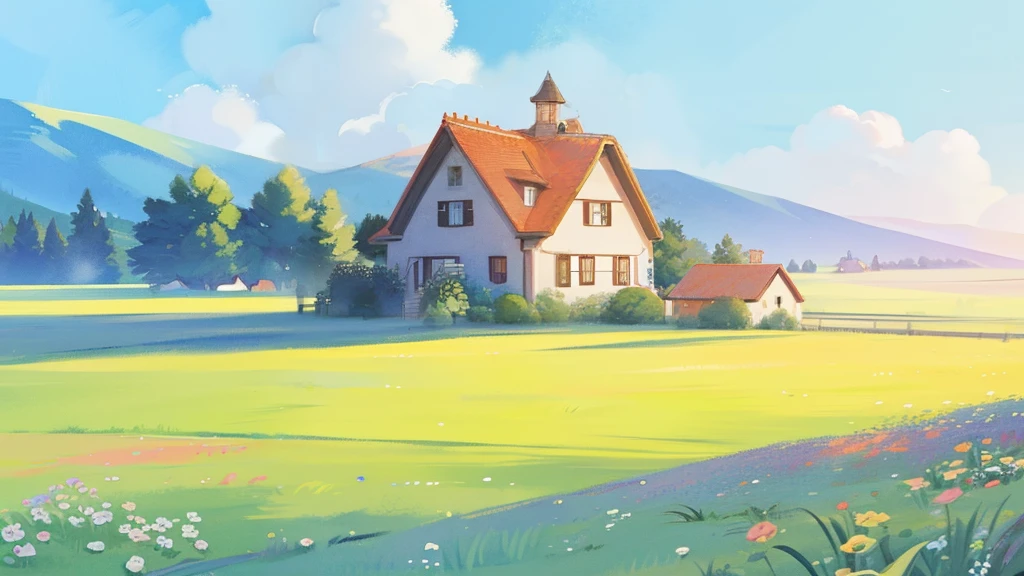 Country fantasy, Watercolor illustration, Whimsical, Vibrant warm colors, Huge overgrown cottage mansion, sharp detailed, grassy fields, vine, Colorful flowers, Perfect building