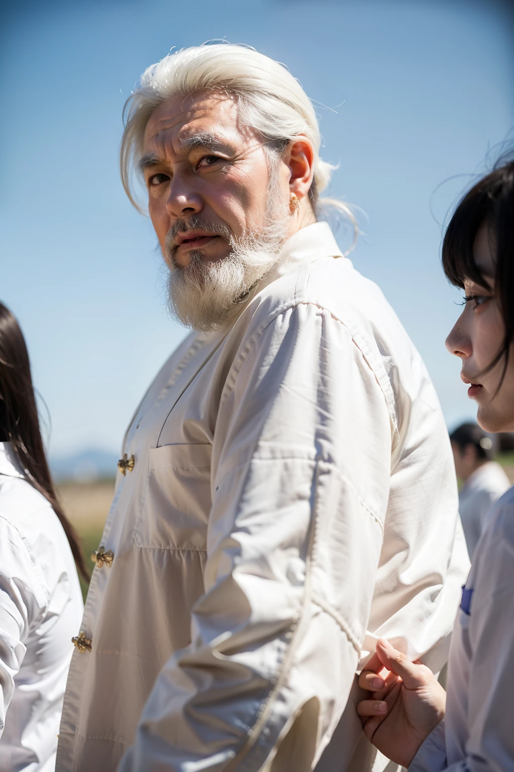 Image of ancient Chinese doctors，sitted，white color hair，Have a white beard，male people，Realistic characters，中景 the scene is，Positive perspective，