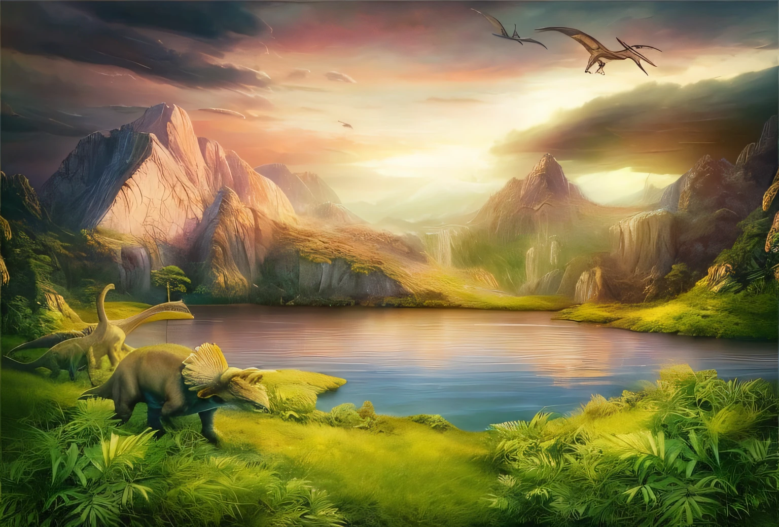 Dinosaur painting in beautiful lake scene, 3D virtual landscape painting, majestic nature, fantasy art landscape, Super real fantasy scenery, Landscape wallpaper, Fantasy landscape painting, beautiful oil matte painting, 64-bit realistic painting, dreamlike landscapes, realistic fantasy painting, dream scenery art, Epic surrealist 8K oil painting, digital landscape art, fantastic background scenery