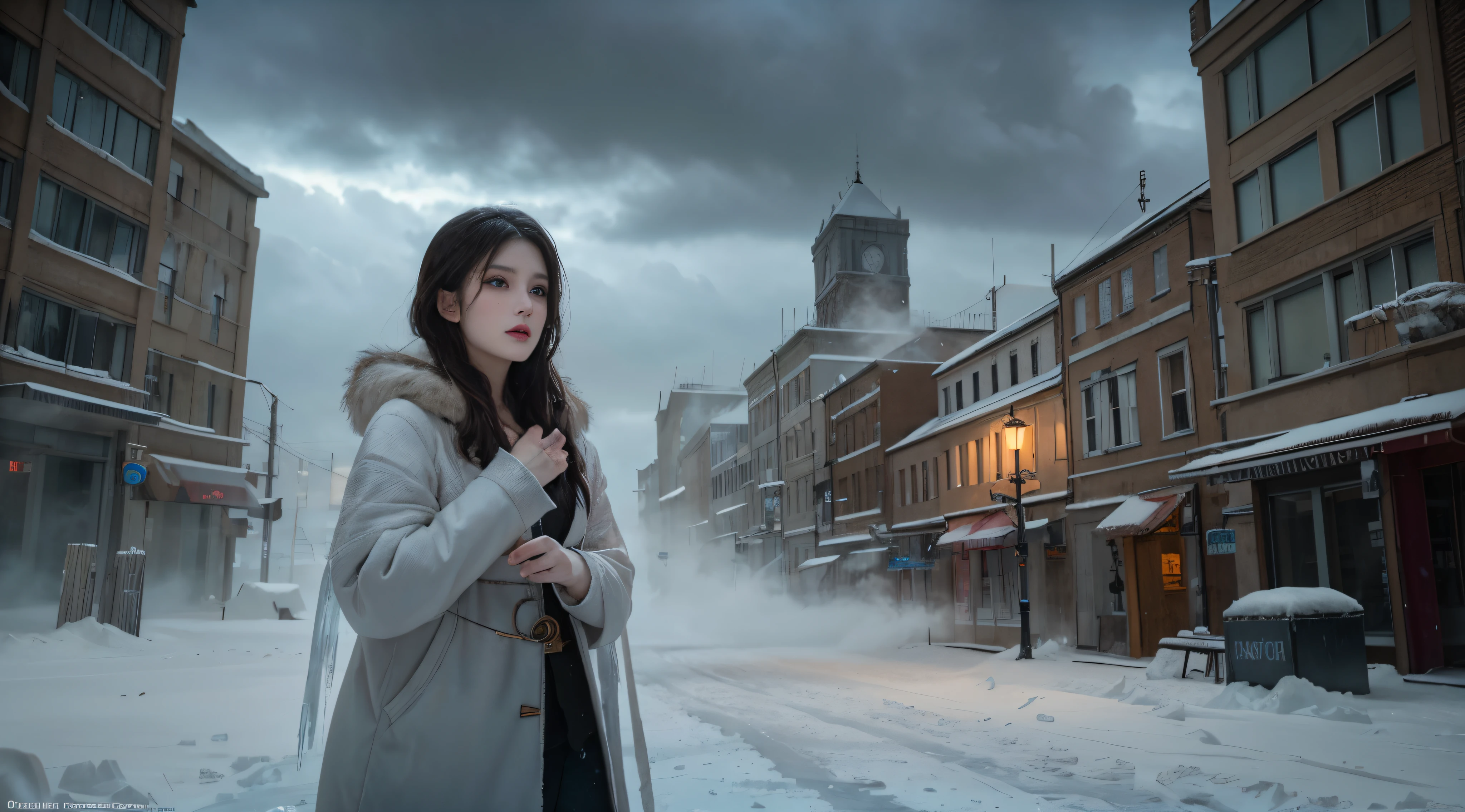 a beautiful ice goddess, ice witch, pure ice elemental spirit, intricate design and details, chilling, cold, blizzard storm, whole body on chilling mist, conjuring ice spell, casting ice spell, realistic ice effect, ice particles, dark fantasy art style, ruined city, dramatic lighting, cinematic