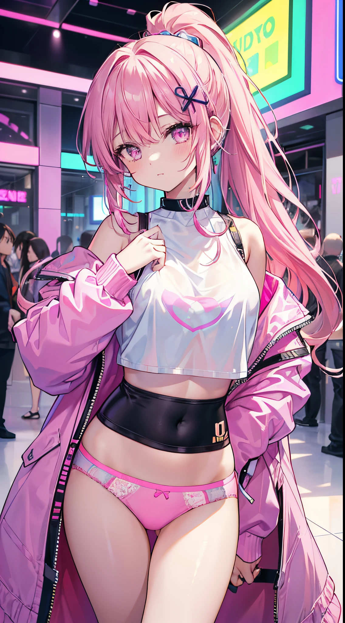 ((Masterpiece)), best quality, absurderes, ultra detailed, holographic, cowboy shot, golden ratio, super cute girl, mature girl, idol girl, super beautiful asian girl with very beautiful violet glowing eyes, beautiful glowing brown multicolored hair, high ponytail, nice and sexy body, slim body, perfect body, an anime printed super tight off shoulder long sleeve crop top, a super aesthetic transparent mini jacket, beautiful hair ornament, pink jordan tennis, being photographed in a mall shop,( undressing, showing neon pink panties, showing thong: 1.5)