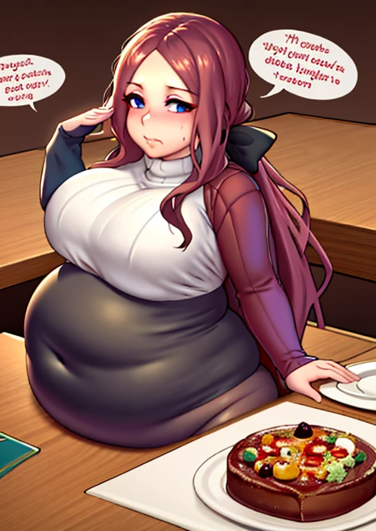 fat, big fat, Leonardo da Vinci fate series, obese, overweight, table with food, wearing a sweater, fat, sitting, safe for work