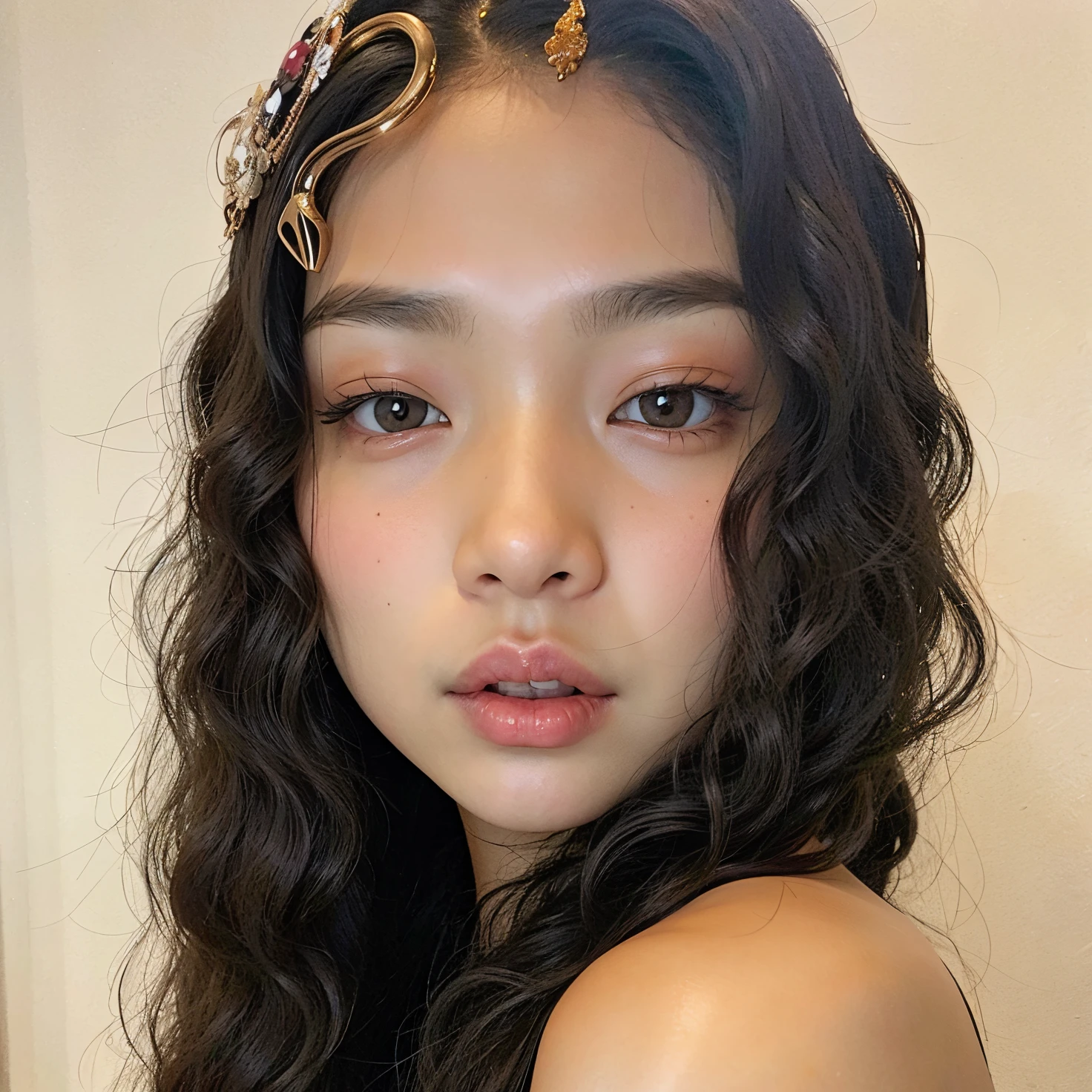 hay una mujer con una diadema dorada en la cabeza, Blackpink Jennie, a young asian woman, Asian face, Jaeyeon Nam, detailed face of a asian girl, Heonhwa Choe, Taejune Kim, Retrato de Jossi de Blackpink, Gongbi, Jinyoung Shin, Hermosa joven coreana, Kwak Ji Joven, Seseon Yoon