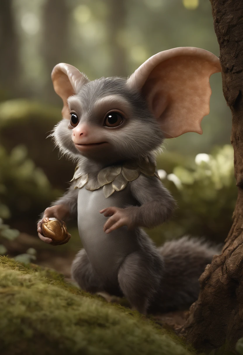 (CBZBB:1.25),gremlin, gremlin, mole-like, ((gremlin, taupe)), in a clearing under an oak tree, holding an acorn in his paws, CBZBB,Cute, Small, baby, Beautiful, Fantasy art, deviant art, trending artstation, Digital Art, Detailed, Realistic, humanoid, character, tiny, Cinematic shot, cinematic portrait of a mole, cute character, looks like a gremlin,gremlin, mole-like, bright silver and brown, long tail, large ears, covered with silver fur,