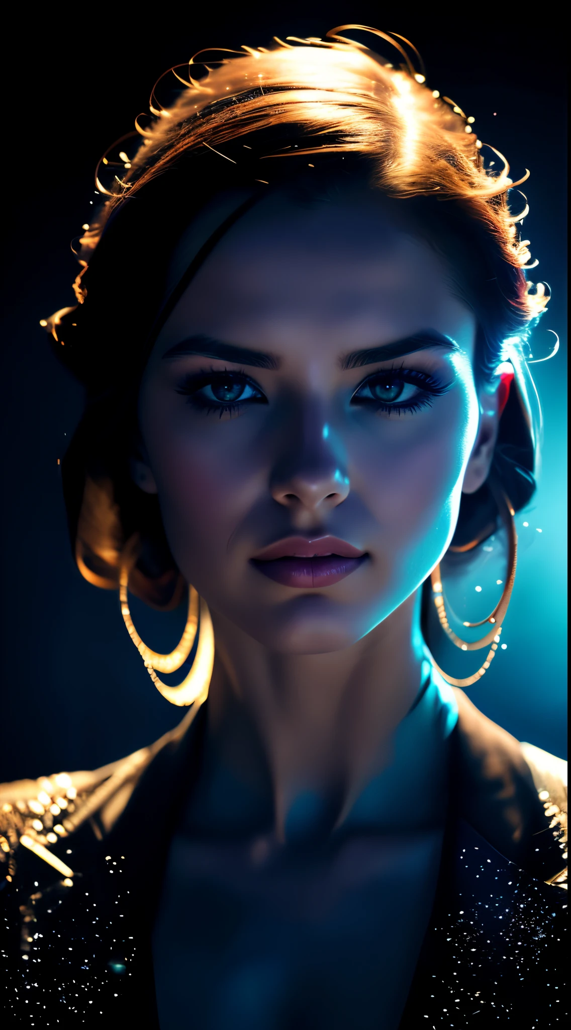 Generate a stunning woman in a professionally crafted photographic composition, employing creative lighting effects, shadows, blurs, and water droplets. Emphasize cool tones to evoke a sense of elegance. Capture her beauty with meticulous attention to details, utilizing a play of light and shadow. Enhance the scene with a touch of artistic flair, making it a visually captivating portrayal.