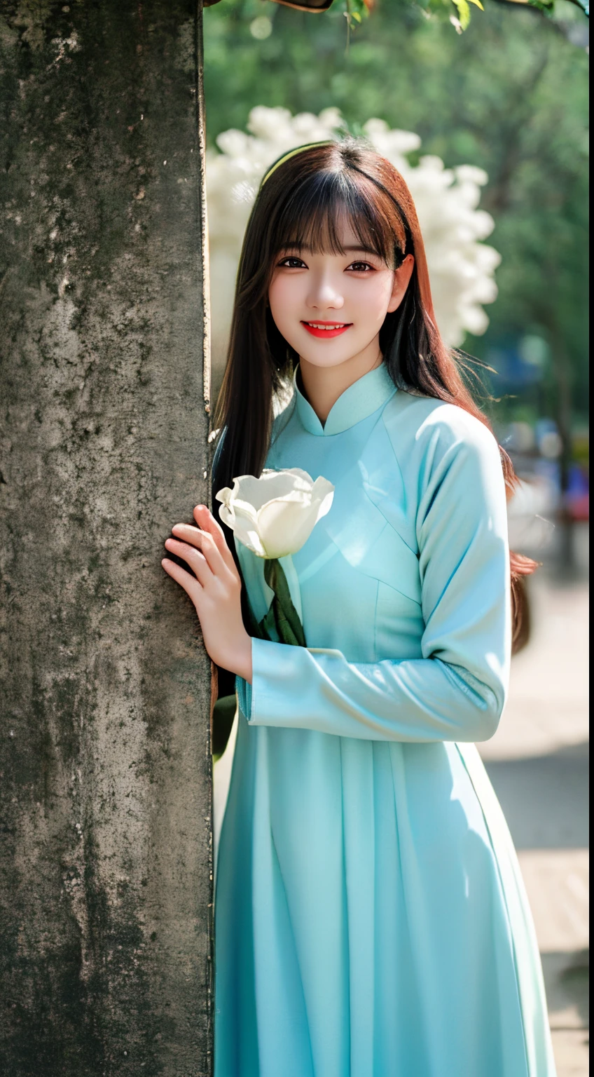 1girl, aodai yellow dress, photo art, (flower:1.2),a stunning photo with beautiful saturation, ultra high res,(realistic:1.4)),deep shadow,(best quality, masterpiece), pale skin, dimly lit, shade, flustered, blush, highly detailed, skinny, BREAK depth of field, film grain, wrinkled skin, looking at viewer, knee, warm smile, (upper body:1.2), masterpiece,ultra realistic,32k,extremely detailed CG unity 8k wallpaper, best quality