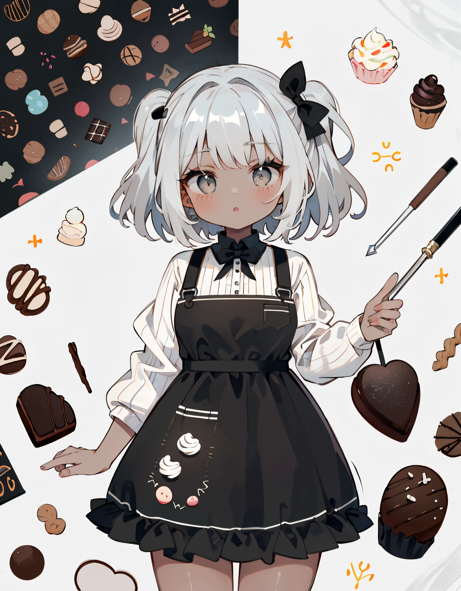 azhiichigo style,big cat eyes, thick lines, cute, 1girl, patisserie,(( black girl, dark skintone,)) chocolate, baking goods, cakepops, pattern background, detailed bakery setting, cute soft colors, gray, silver eyes, silver hair,